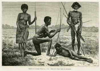 Negritos van de Yriga-berg. Gravure door E.Ronjat ter illustratie van het verhaal Lucon en Palaouan, zes jaar in de Filipijnen, door Alfred Marche (1844-1898), in le tour du monde 1886, onder leiding van Edouard Charton (1807-1890), Hachette, Parijs.