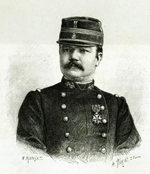 Portret van kapitein Valliere, van de marine-infanterie, tijdens de expeditie naar Afrika onder het bevel van Gallieni. Gravure door E. Ronjat, naar een foto, ter illustratie van het verhaal 