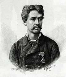 Portret van dokter Tautain, tijdens de expeditie naar Afrika 1879-1882, onder bevel van Gallieni. Gravure naar een foto ter illustratie van het verhaal 