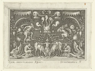 Abraham gaat Izaäk opofferen Vlakdecoraties met scènes uit het Oude Testament in een omlijsting van grotesken