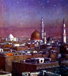 Uitzicht op Medina, Arabië, bij maanlicht, met de koepel van het graf van de profeet, 1918