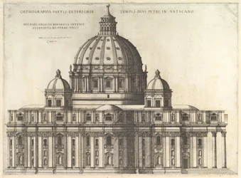 Speculum Romanae Magnificentiae: Verhoging die de Buitenkant van de Sint-Pietersbasiliek toont