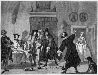 Komediescène in een Nederlands theater in de 18e eeuw. Gravure door Bocour naar een gouache van Troost