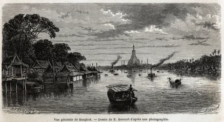 Algemeen uitzicht op Bangkok (Thailand), tekening door E. Bocour, ter illustratie van de reis van Henri Mouhot naar de koninkrijken Siam, Cambodja en Laos van 1858 tot 1861. Gravure in "Le tour du monde", uitgegeven door Edouard Charton