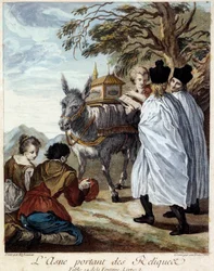 Ezel die relikwieën draagt. Illustratie voor de fabel van Jean de La Fontaine. Schilderij door Etienne Jeaurat (1699-1789)