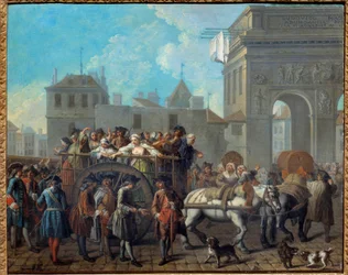 Het gedrag van de meisjes van plezier in de Salpêtrière, de doorgang bij de poorten van Saint Bernard. Het huidige Salpêtrière-ziekenhuis was oorspronkelijk een gevangenis en een hospice voor vrouwen. 1757