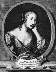 Medailonportret van Marie-Madeleine Pioche de La Vergne, gravin de La Fayette, Franse romanschrijfster, gravure door Etienne Jehandier Desrochers
