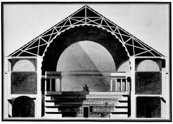 Koninklijke Bibliotheek van Frankrijk, doorsnedetekening van het gebouw. Architectuur van Étienne-Louis Boullée, Frans architect (1728-1799).