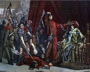 Honderdjarige Oorlog: “De dauphin Karel, later Karel V (1338-1380), de eerste dauphin van Frankrijk, en Étienne Marcel (1302/1310-1358), die twee ministers, de maarschalken Robert de Clermont en Jean de Conflans, in de kamer van de Franse dauphin
