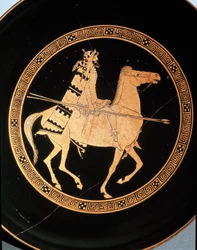 Etruskische oudheid: detail van een kylix met een ruiter. Uit Falerii Veteres (Civita Castellana), 5e eeuw v.Chr. Rome, Museo Nazionale di Villa Giulia