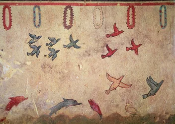 Watervogels en springende dolfijnen, uit het Graf van Jagen en Vissen, c.520-10 v.Chr.