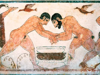 Etruskische kunst: Atleten afgebeeld in het graf van de auguren in de necropolis van Monterozzi Tarquinia, nabij Viterbo, Italië. Fresco uit de 6e eeuw v.Chr.