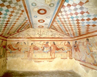 Etruskische Tombe van de Luipaarden, fresco met een banketscène, Tarquinia. 5e eeuw v.Chr., Italië