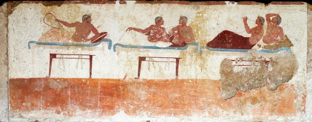 Etruskische kunst: banketscène - Fresco uit het Graf van de ‘Duiker’, afkomstig van de zuidelijke begraafplaats van Paestum, 480-470 v.Chr. - Nationaal Archeologisch Museum, Paestum