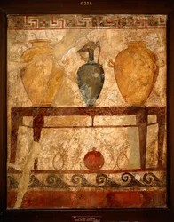 Etruskische kunst: tafel met vazen en offergaven. Fresco van de begraafplaats van Paestum. 4e eeuw v.Chr. Museo Archeologico Nazionale, Napels, Italië