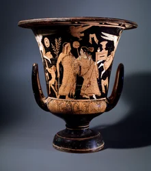Etruskische beschaving: terracotta kraterdecor door de schilder van Nazzano die Apollo en een menade voorstelt, 350 v.Chr. Dim 57 cm, Van de site van Civita Castellana