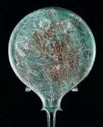 Spiegel die banketscène uitbeeldt, bronzen artefact uit Preneste, Etruskische Beschaving, 4e eeuw v.Chr.