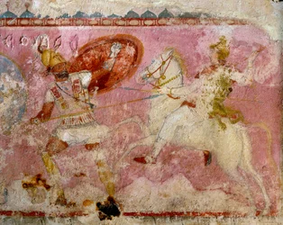 Sarcofaag van de Amazones met geschilderde scène van een gevecht, witte kalksteen, uit Tarquinia, regio Latium, Italië, detail