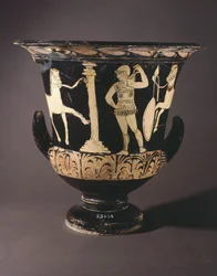 Krater door de Londense schilder. Roodfigurige keramiek uit Gualdo Tadino (Umbrië). Etruskische beschaving, 4e eeuw v.Chr.