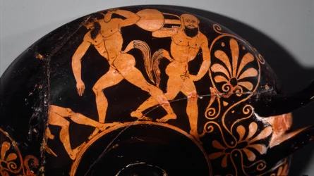 Etruskische kunst: Kylix versiert met een komos, rituele stoet van saters