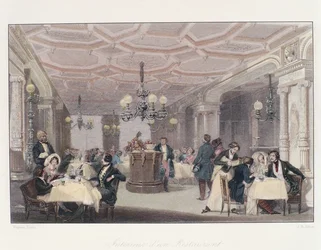 Frankrijk, Parijs, interieur van Les Trois Freres Provencaux Restaurant met zijn restauratieperiode decor, uit Winter in Paris, door Eugene Lami