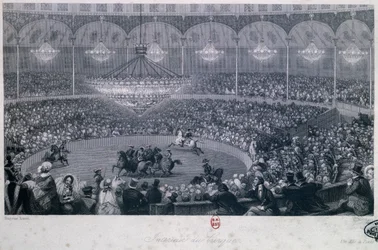 Paardenshow in Franconi circus, Champs Elysees, Parijs, Eugene Louis Lami, gegraveerd door Charles Mottram uit Zomer en Winter in Parijs