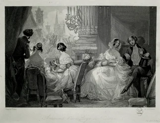 Interieur van de Opera van Parijs, mensen in een loge (gravure)