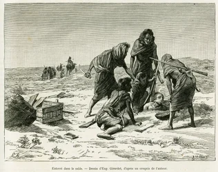 Begraven in het zand. Gravure door Eugène Girardet ter illustratie van het verhaal Vijf maanden bij de nomadische Moren van de Westelijke Sahara, in 1887, door Camille Douls, in Le Tour du monde 1888, onder leiding van Édouard Charton (1807-1890)