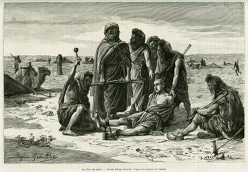 De voetboeien. Gravure van Eugène Girardet ter illustratie van het verhaal Vijf maanden bij de nomadische Moren van de Westelijke Sahara, in 1887, door Camille Douls, in Le Tour du monde 1888, onder leiding van Édouard Charton (1807-1890), Hachette