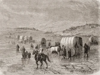 Een wagenkaravaan op weg naar het westen in de jaren 1860, gegraveerd door Stephane Pannemaker (1847-1930)