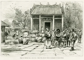 Conferentie Pagode, Monkay. Gravure door Eugene Burnand, ter illustratie van het verhaal Sur les frontières du Tonkin, door dokter P. Neiss, in le tour du monde 1888, geregisseerd door Edouard Charton, Hachette, Parijs.