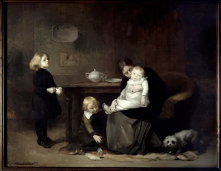 Het zieke kind: Een weduwmoeder die haar zieke baby kust. 1885. Sun. 2 x 2,46 m. Parijs, Musée d