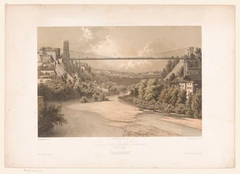 Gezicht op de hangbrug over de Sarine, te Fribourg