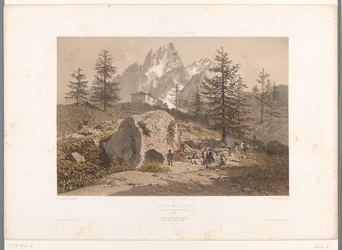 Landschap met wandelaars en zicht op de Aiguille des Grands Charmoz
