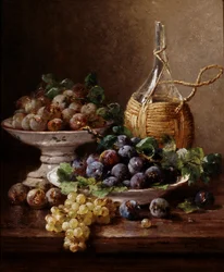 Stilleven van druiven, pruimen en wijn. Schilderij van Eugene Claude (1841-1923) Privécollectie.
