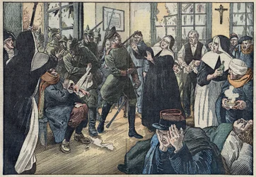 1914, Eerste Wereldoorlog: Amelie Rigard, bekend als Zuster Julie, verdedigt de gewonden van haar ziekenhuis tegen Duitse soldaten. Gerbeviller, Meurthe en Moselle (54). Illustratie van Damblans. In 