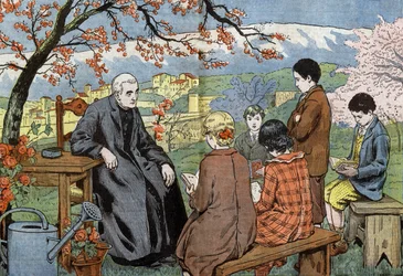 Een priester en toekomstige jongeren die hun communie gaan doen, in een tuin, tekening door Damblans uit papier "Le Pelerin" 17 mei