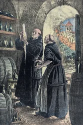 Dom Pierre Perignon (1639-1715), Benedictijner monnik, uitvinder van het proces van het maken van champagne. Illustratie van Damblans