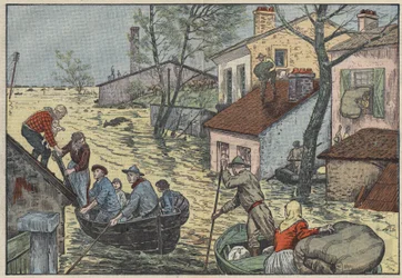 Overstromingen in Louisiana (VS): Voor de dreigende golven van de Mississippi worden boeren en trappers gedwongen hun huizen en velden te verlaten. Illustratie van Damblans. In "Le Pèlerin" van 15 mei