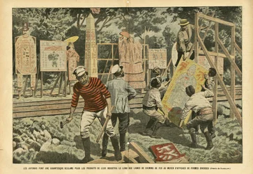 Illustratie door Eugene Damblans (1865-1945) in Le Pelerin, 03/09/05 - De Japanners maken een gigantische claim voor de producten van hun industrie langs spoorlijnen met posters van verschillende vormen - Reclame, Japan, Spoorweg Trein, Posters