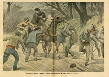Illustratie door Eugene Damblans (1865-1945) in Le Pelerin, 31/01/04 - Landbouwstakers vallen de beheerder van een eigendom van M. Sere de Riviere aan - Sociaal, Diverse feiten, Staking, Transport, Landbouw, Bos, Koets - Arbeider, Paard