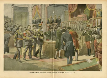 Illustratie van Eugene Damblans (1865-1945) in Le Pelerin, 03/04/04 - In Japan, Mikado die de openingssessie van het parlement voorzit - Japan, Huis van Afgevaardigden, Mikado, Interne Architectuur