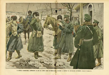 Illustratie van Eugene Damblans (1865-1945) in Le Pelerin, 05/03/05 - Generaal Koeropatkin, opperbevelhebber van het Russische leger in Mantsjoerije, ontvangt het rapport van een van zijn luitenants - Rusland, Leger, Mantsjoerije, Russisch-Japanse Oorlog, 