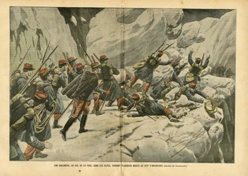 Illustratie van Eugene Damblans (1865-1945) in Le Pelerin, 06/03/04 - Een lawine, bij de Pare-pas, in de Alpen, veroorzaakt verschillende doden bij de 157e Infanterie - Diverse feiten, Leger, Bergbeklimmen, Infanterie, Alpen, Lawine