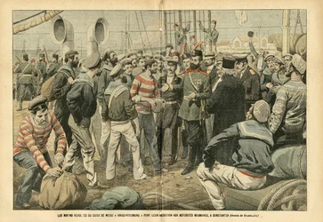 Illustratie van Eugene Damblans (1865-1945) in Le Pelerin, 23/07/05 - De opstandige matrozen van het Russische slagschip Kniaz-Potemkin geven zich over aan de Roemeense autoriteiten in Constanța - Rusland, Maritieme Marine Kust, Roemenië, Revolutie van 190
