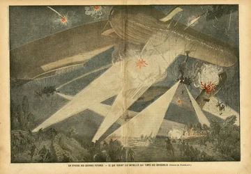 Illustratie van Eugene Damblans (1865-1945) in Le Pelerin, 24/11/07 - Een episode van toekomstige oorlogen - Hoe zullen de gevechten zijn in de tijd van de luchtschepen - Oorlog, Ballonnen luchtschepen zeppelins aerostation, Nachtelijk, Gevechten