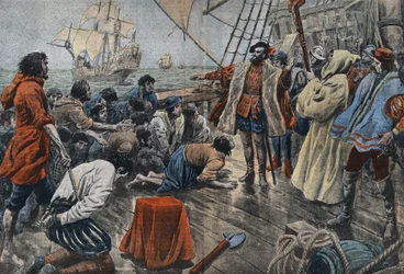 Illustratie van de bemanning van Ferdinand Magellaan die hun trouw aan hem zweren na een mislukte muiterij.