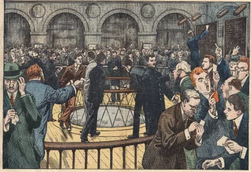 Interne weergave van de Parijse Beurs. Illustratie van Damblans. In 