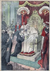 Heilige Theresia van het Kind Jezus (of Lisieux 1873-1897) nog een jong meisje aan de voeten van Paus Leo XIII, ze kreeg toestemming om op vijftienjarige leeftijd in 1888 het Karmelietenklooster binnen te gaan - illustratie van Damblans van 1923