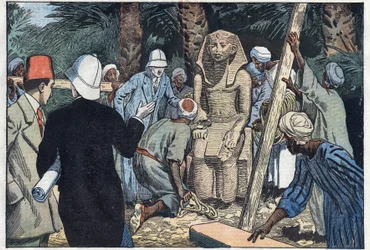 De Franse archeologische missie ontdekt een standbeeld van Sesostris III als tiener dat naar het Louvre zal worden gebracht. Medamoud, oud Thebe, Egypte. Illustratie van Damblans. In 